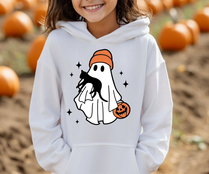 Youth Hoodie - Halloween Ghost With Cat